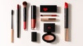 Luxury Makeup Products Flat Lay Lipstick, Mascara, Brushes, Blush, Foundation Royalty Free Stock Photo