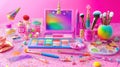 Sparkling Unicorn Makeup Collection, Fantasy Beauty Products, Glittery Cosmetic Palettes Brushes Royalty Free Stock Photo