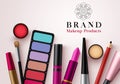 Makeup products vector template banner. Collection of face cosmetics beauty products for advertising mock up banner design. Royalty Free Stock Photo