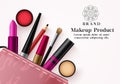 Makeup products vector template banner. Facial cosmetics collection in pink beauty kit for mock up advertising banner in elegant. Royalty Free Stock Photo