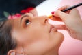Makeup professional artist applying base color eyeshadow on model eye Royalty Free Stock Photo