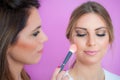 Makeup artist applying makeup on her face using powder brush Royalty Free Stock Photo