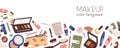 Makeup promotion banner design. Ad background with cosmetics products, sale advertisement. Beauty saloon tools