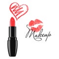 Makeup red lipstick and doodle heart isolated vector illustration