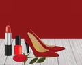 Makeup, red shoes and rose on wooden planks Royalty Free Stock Photo
