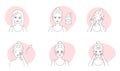 Makeup removal guide thin line icons set, girls remove beauty products from skin of face
