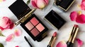 Luxury Cosmetics Flat Lay Eye Shadow Palette, Lipstick, Mascara, and Pink Rose Petals on Marble Royalty Free Stock Photo