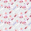 Makeup. Seamless pattern. Makeup kit. Lipstick, eye shadow, blush, lip print, kisses, swatch