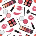 Makeup. Seamless pattern. Makeup kit. Lipstick, eye shadow, blush, lip print, kisses, swatch