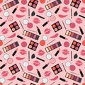 Makeup. Seamless pattern. Makeup kit. Lipstick, eye shadow, blush, lip print, kisses, swatch