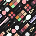 Makeup. Seamless pattern. Makeup kit. Lipstick, eye shadow, blush, lip print, kisses, swatch.