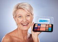 Makeup, senior and woman portrait smile with beauty, cosmetic and color eyeshadow product. Elderly model face happy with