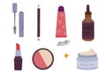 Makeup set with decorative cosmetic. Doodle cosmetics icon. Skin, eyes, lips cosmetics and accessories for make-up