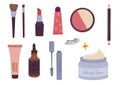 Makeup set with decorative cosmetic. Doodle cosmetics icon. Skin, eyes, lips cosmetics and accessories for make-up
