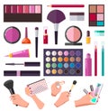 Makeup set, different tools or instruments for visagiste, female hands with cosmetics equipment Royalty Free Stock Photo