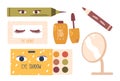 Makeup Set For Eyes, Includes Lashes, Liner, Eyeshadow, Eyebrow Pencil, And Mirror. Cosmetics Vector Illustration