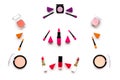 Makeup set pattern. Eyeshadows, rouge, nailpolish, lipstick, applicators on white background top view Royalty Free Stock Photo