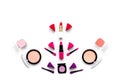 Makeup set pattern. Eyeshadows, rouge, nailpolish, lipstick, applicators on white background top view copyspace Royalty Free Stock Photo