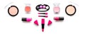 Makeup set pattern. Eyeshadows, rouge, nailpolish, lipstick, applicators on white background top view copyspace Royalty Free Stock Photo