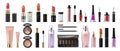 Makeup set. Realistic cosmetic products, glossy lipsticks, pencils, shadows, highlighters and artist tools. Vector 3D