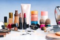 Makeup set on table front view Royalty Free Stock Photo