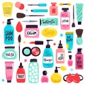 Makeup skincare elements. Cosmetics products, doodle visage tools, lipstick, cream, hand drawn skincare cosmetic bottles