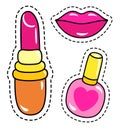 Makeup stickers, labels or print, with dotted frame cut out, pink lipstick, shiny lips, nail polish