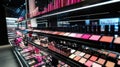 Cosmetic retail display with makeup, lipsticks, eyeshadow palettes, and blush Royalty Free Stock Photo