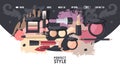 Makeup store website design, vector illustration. Landing page template for cosmetic shop, beauty salon promotion Royalty Free Stock Photo