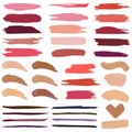 Makeup strokes flat icons set Different colorful smudge of blush, foundation, lipstick. Pastel palette for face