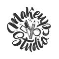 Makeup Studio Vector Logo. Hand Drawn Illustration of cosmetics. Round Lettering illustration