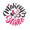 Makeup Studio Vector Logo. Illustration of cosmetics. Round Lettering illustration