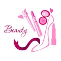 Makeup style beauty logo emblem with lipstick brush powder shoes Royalty Free Stock Photo