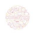 Makeup symbols. Beauty woman cosmetic items in circle shape eyeshadow lipstick cream nail polish vector design concept