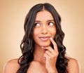 Makeup, thinking and young woman in a studio for beauty, cosmetic and glow face routine. Self care, idea and Indian Royalty Free Stock Photo