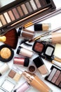 Makeup tools and accessories. Brow eyeshadows, naturel skin foundation for clean ton face, nail polish, make-up brushes