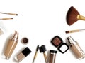 Makeup tools and accessories. Brow eyeshadows, naturel skin foundation for clean ton face, nail polish, make-up brushes