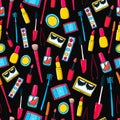Makeup tools and bottles seamless pattern. Background with mascara, false lashes, lipstick and other cosmetics.