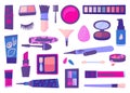 Makeup tools and cosmetics. Mascara and shadows, cream tube and lipstick. Sponge and brushes, isolated care and beauty