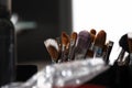 Makeup various colored brushes, closeup Royalty Free Stock Photo