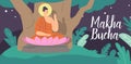Makha Bucha Greeting Card. Buddha Character Sitting under Bodhi Tree in Pink Lotus Flower at Night. Religious Concept