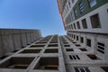 Makhachkala, Dagestan, RUS - December 07, 2019 A modern multi-storey building is being built using aerated concrete blocks