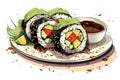 Maki rolls, fish and vegetables and avocado wrapped in seaweed