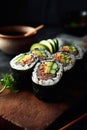 Maki rolls in a row with salmon, avocado, tuna and cucumber on blurred background. Royalty Free Stock Photo