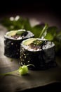 Maki rolls in a row with salmon, avocado, tuna and cucumber on blurred background. Royalty Free Stock Photo