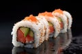 Maki rolls in row with salmon, avocado, tuna, cucumber. Japanese food with sushi roll. Generative AI Royalty Free Stock Photo