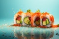 Maki rolls in row with salmon, avocado, tuna, cucumber. Japanese food with sushi roll. Generative AI