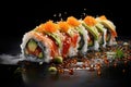 Maki rolls in row with salmon, avocado, tuna, cucumber. Japanese food with sushi roll. Generative AI Royalty Free Stock Photo