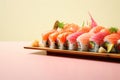 Maki rolls in row with salmon, avocado, tuna, cucumber. Japanese food with sushi roll. Generative AI Royalty Free Stock Photo