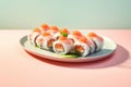 Maki rolls in row with salmon, avocado, tuna, cucumber. Japanese food with sushi roll. Generative AI Royalty Free Stock Photo